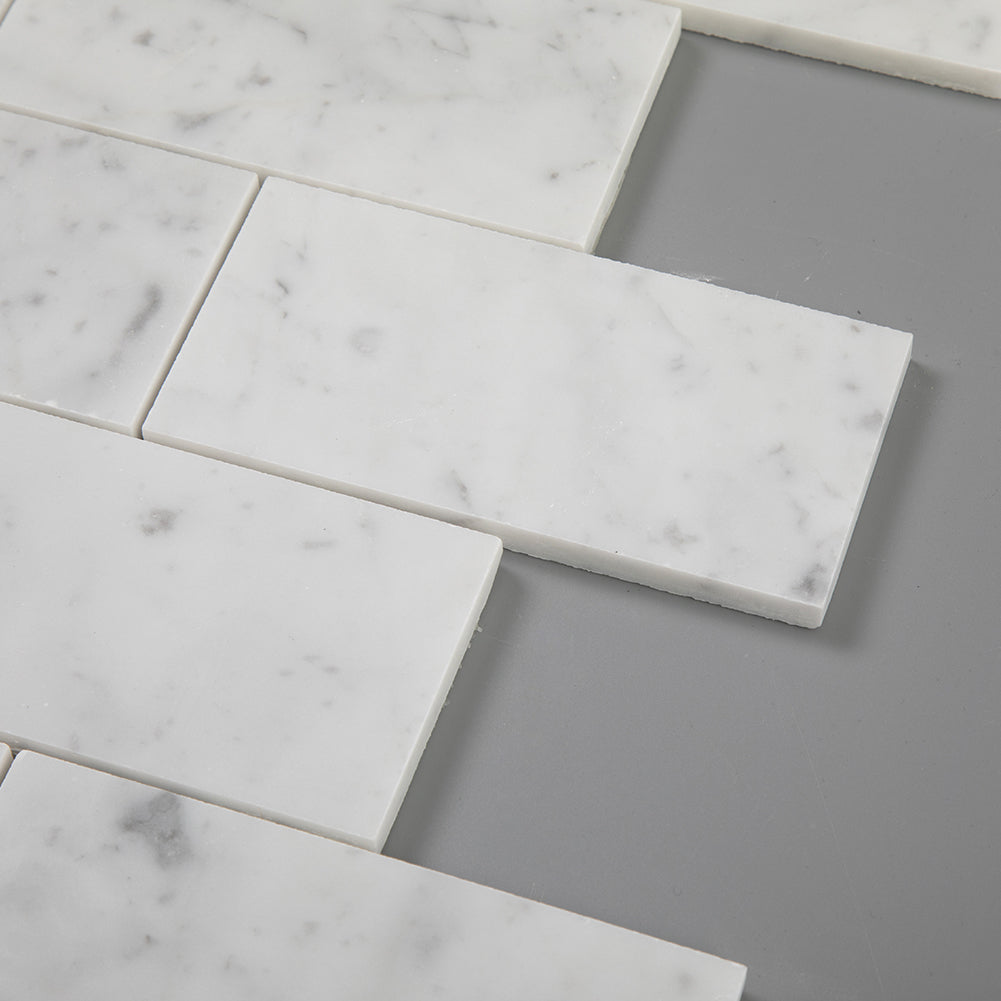 Carrara White Bianco Carrera Marble 3"×6" Brick Mosaic Tile Polished Pack of 5