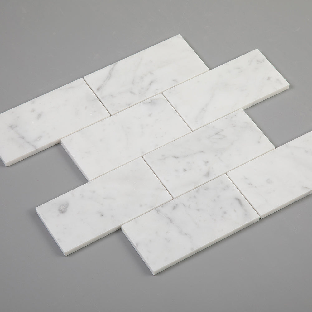 Carrara White Bianco Carrera Marble 3"×6" Brick Mosaic Tile Polished Pack of 5