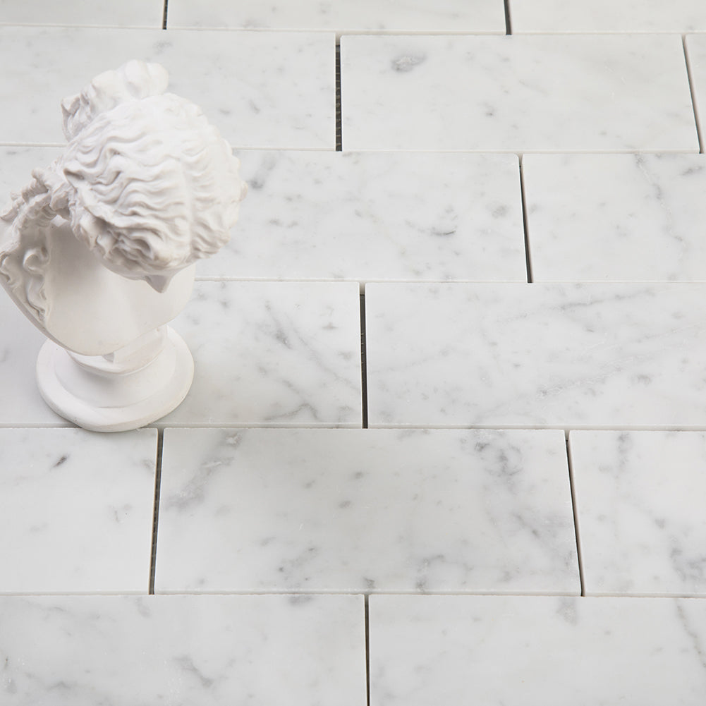 Carrara White Bianco Carrera Marble 3"×6" Brick Mosaic Tile Polished Pack of 5