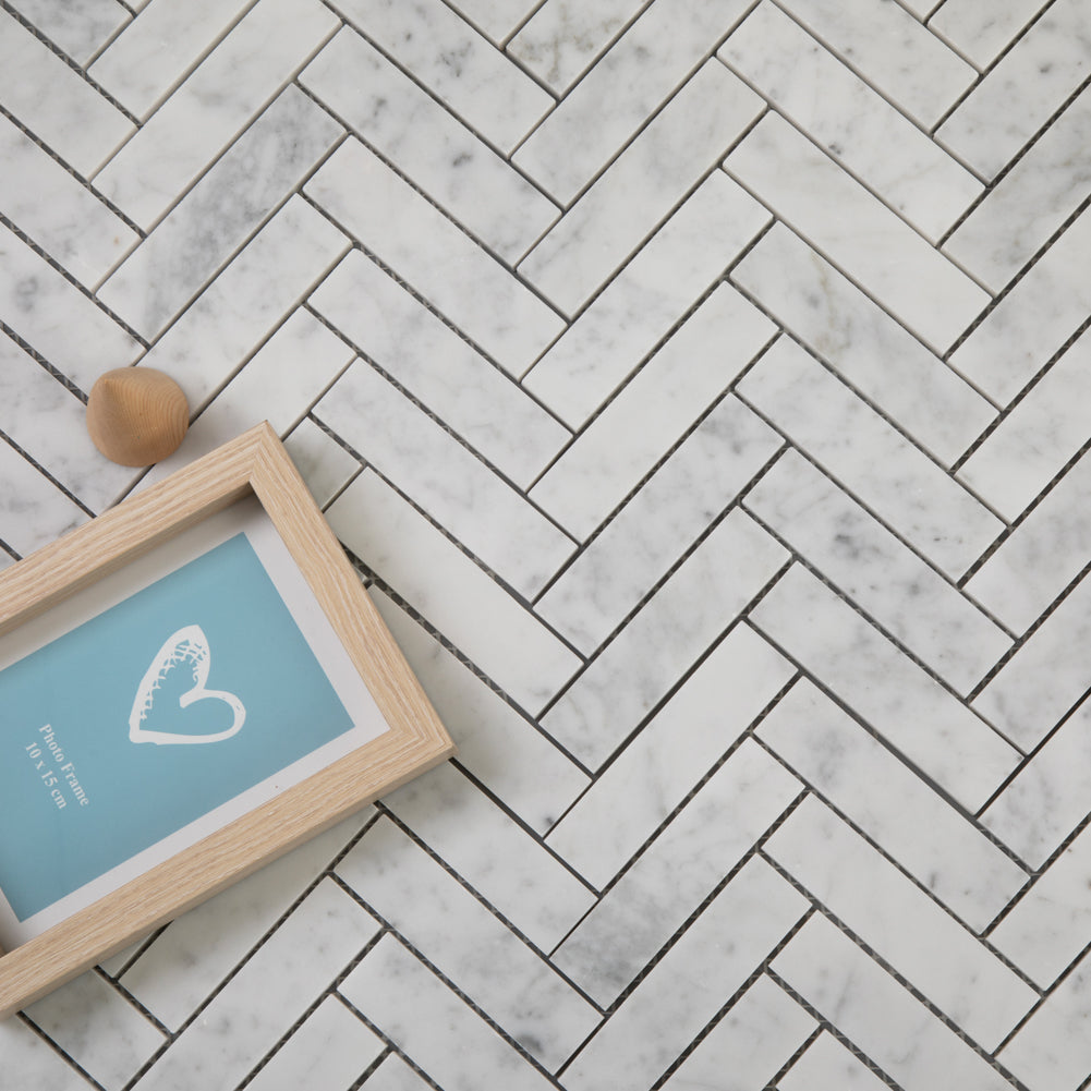 Carrara White Bianco Carrera Marble 1" x 4" Herringbone Mosaic Tile Pack of 5 Sheets