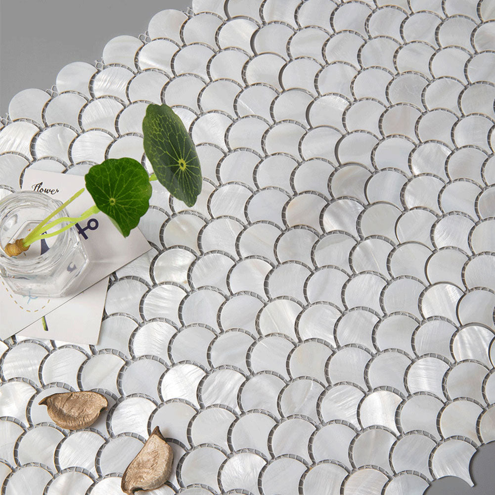 Diflart White Mother of Pearl Shell Fish Scale Mosaic Tile Backsplashe for Kitchen Shower Bathroom Pack of 6 Sheets