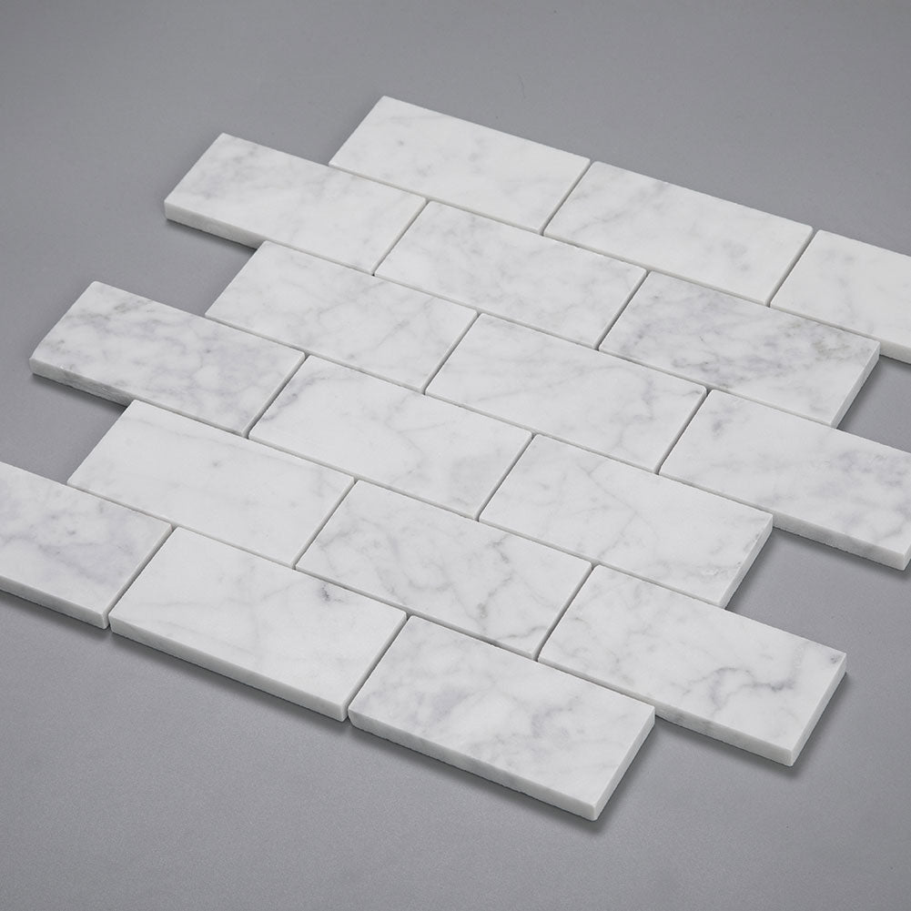 Carrara White Bianco Carrera Marble 2" × 4" Brick Mosaic Tile Pack of 5