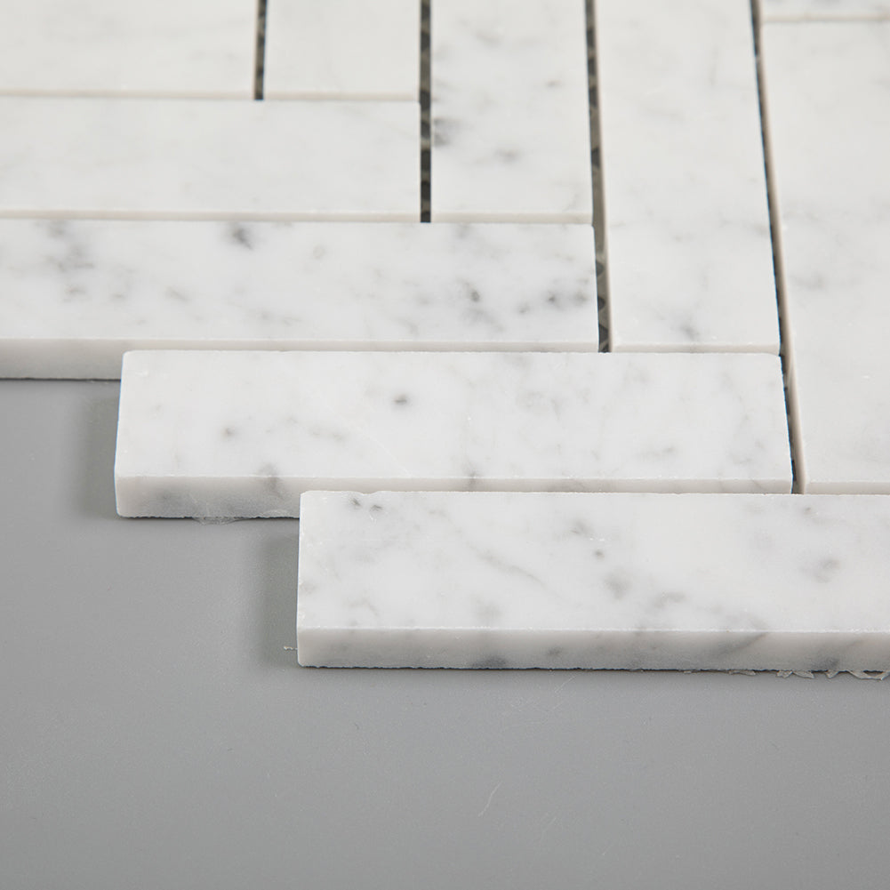Carrara White Bianco Carrera Marble 1" x 4" Herringbone Mosaic Tile Pack of 5 Sheets